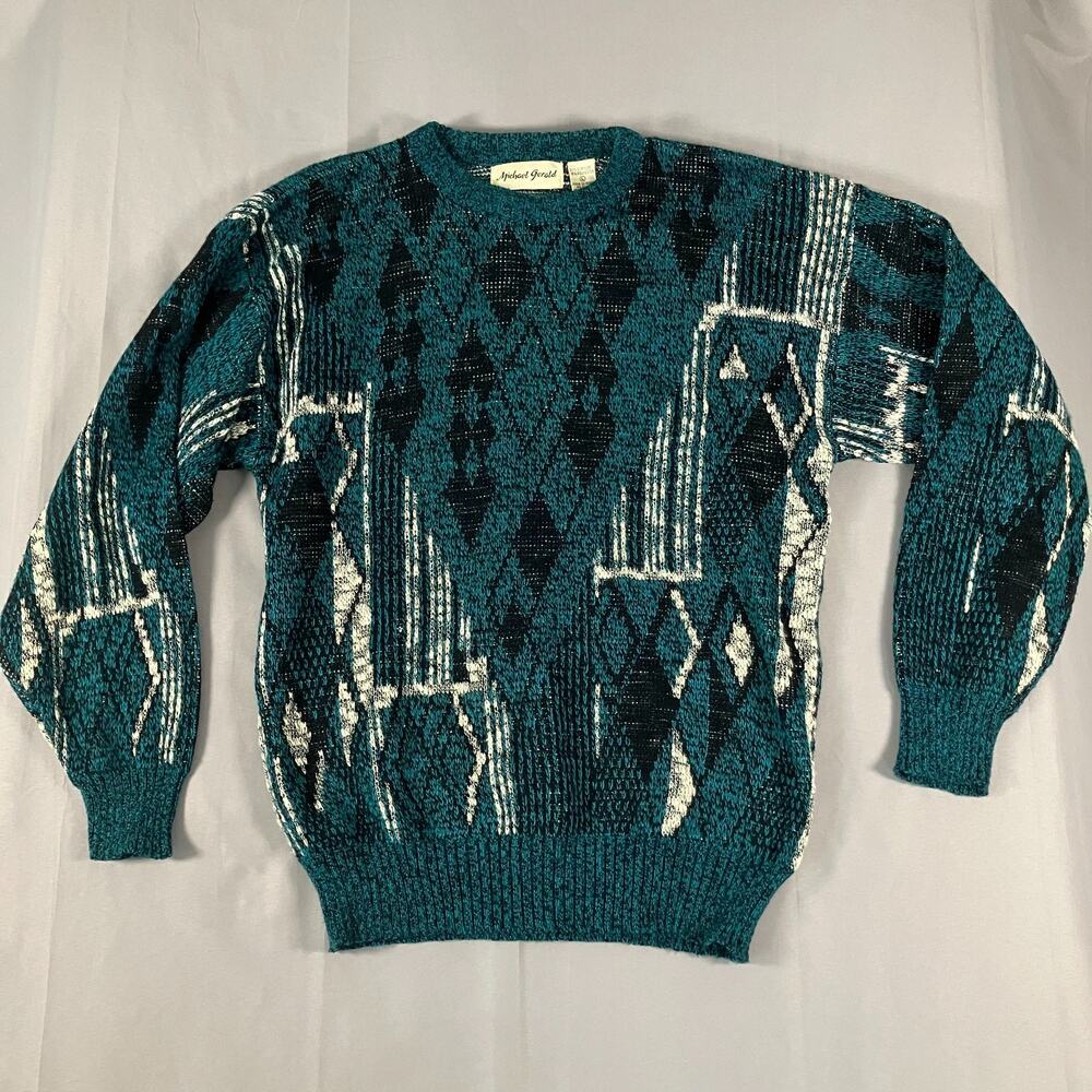 Vintage Michael‎ Gerald Sweater Mens Large Teal Black White Abstract Pattern